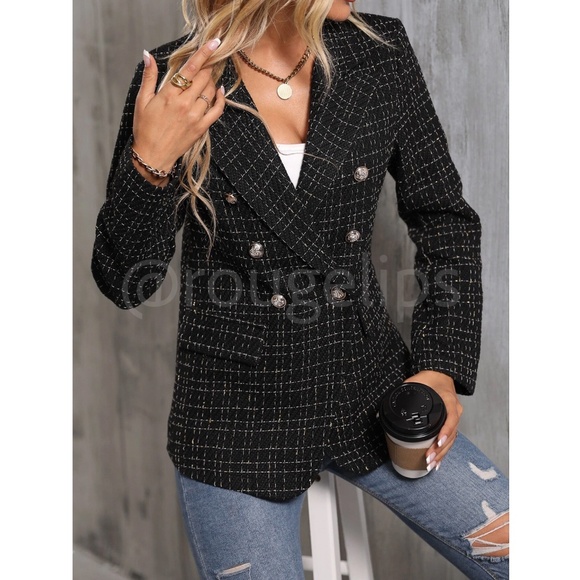 Classic Tweed Double Breasted Black Blazer Jacket Long Sleeve - Picture 5 of 9